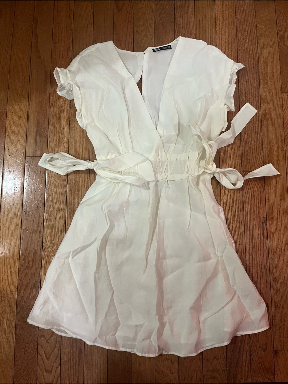 Zara Cream Short Sleeve Wrap Mini Dress with Waist Ties